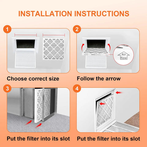 12x12x1 Air Filter 4 Pack MERV 8 Pleated Filters For Furnace And AC installation instructions with four steps shown visually.