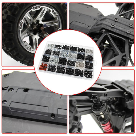 Universal RC Screw Kit 1000Pcs All In One Hardware Fasteners Set for RC Cars shown with car chassis and wheel details
