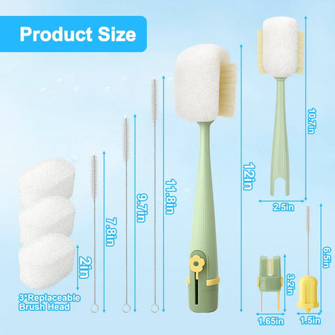 5 In 1 Bottle Cleaning Brush Set With Replaceable Heads And Straw Cleaners showing sizes and brush components.