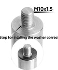 M10x1.5 threaded steel bar with collar detail, showing installation step for washer, part of Top Shelf Heavy Duty Wood Lathe Tool Rest.
