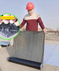 Rock Solid Waterproof Butyl Roof Tape For Quick Leak Patch And Crack Seal Slick Self Stick Asphalt Underlayment Roll held by a worker.