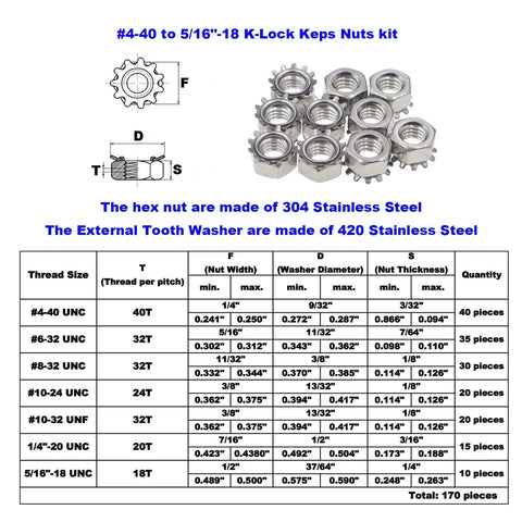 Stainless Steel Keps Nuts With K-Lock Lock Washers And Tooth Washers Hex Nuts Assortment Kit 170 Pieces Sizes 4-40 To 5/16-18 UNC