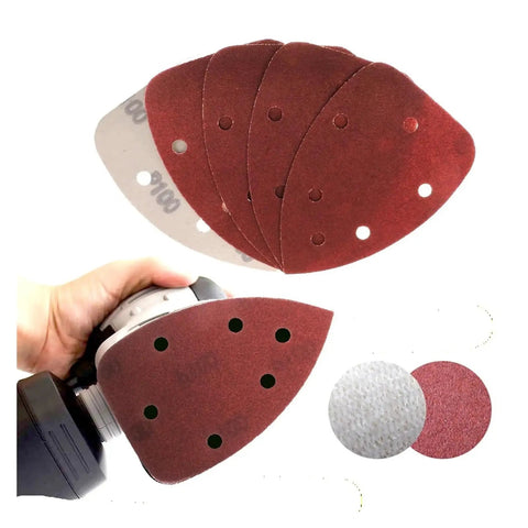 Super Cool 140X98Mm Triangular Sandpaper Sheets With 6 Hole Design For Fast Dust Extraction And Hook Loop Attachment in hand, assorted grits.