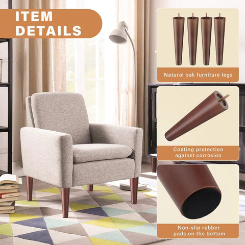 12 Inch Round Solid Wood Furniture Legs Set Of 4 for Mid Century Modern Style, shown with details, beside armchair in living room.