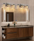 3 Light Brushed Nickel Vanity Light Over Mirror With Crystal Bubble Glass LED Dimmable Wall Sconce in modern bathroom setting