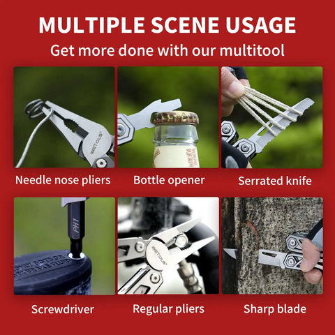 21 In 1 Stainless Steel Multitool With Pliers And Pocket Knife For Home showing pliers, opener, and knife in action