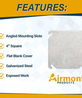 Features of Heavy Duty Welded Steel Four By Four Junction Box And Blank Cover Kit For Pro Grade Installations shown with flat blank cover.