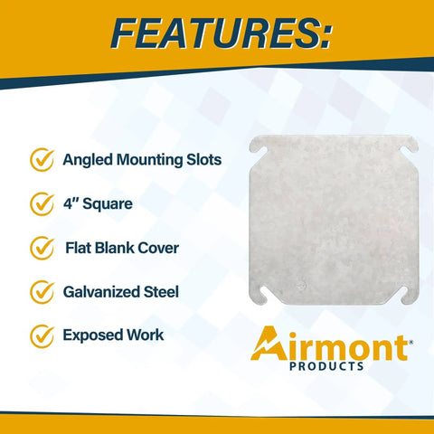 Features of Heavy Duty Welded Steel Four By Four Junction Box And Blank Cover Kit For Pro Grade Installations shown with flat blank cover.
