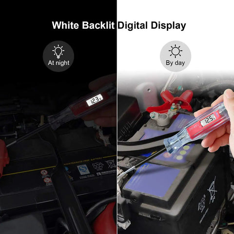 Beast Of A Heavy Duty 3 To 48V Digital LCD Circuit Tester in daylight and night mode with backlit display on car battery