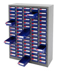 Heavy Duty Steel Parts Cabinet, 75 Drawer Bolt And Nut Sorter With Built In Dividers in grey and blue, with multiple drawers open.