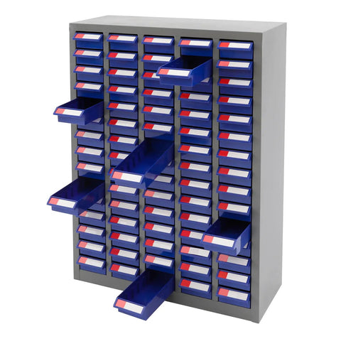Heavy Duty Steel Parts Cabinet, 75 Drawer Bolt And Nut Sorter With Built In Dividers in grey and blue, with multiple drawers open.