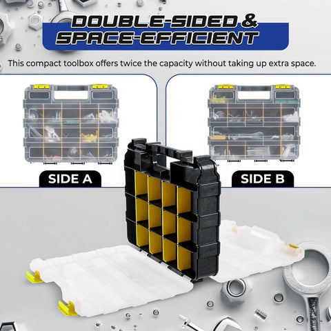 2 Pack 34-Compartment Double-Sided Parts Organizer With Removable Dividers, Durable Yellow Plastic Storage Case for Hardware