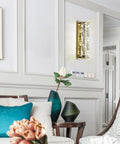 Lit Crystal Glass Wall Sconce In Gold Finish, Mid Century Modern Lighting in elegant living room setting