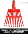 Fixed Tine Shrub Rake With Aluminum Handle 8 Inch Wide showing 11 extra-wide tines for gentle yard cleanup without root damage.