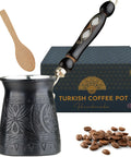 Hand Hammered Copper Turkish Coffee Pot 12 Oz With Wooden Handle And Wooden Spoon, Stovetop Cezve Ibrik Briki for Four Servings