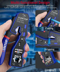 Multi-functional RJ45 Crimp Tool Kit for Cat5 Cat5e Cat6 Cat6a Ethernet with Pass Through Connectors shown in use