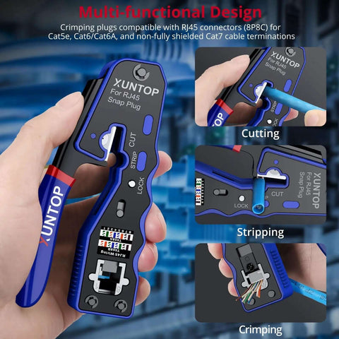 Multi-functional RJ45 Crimp Tool Kit for Cat5 Cat5e Cat6 Cat6a Ethernet with Pass Through Connectors shown in use