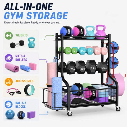 Heavy Duty Steel Dumbbell Rack With Smooth Rolling Caster Wheels Built Tough For Easy Peasy Home Gym Organization Keeps Kettlebells Yoga Mats Resistance Bands And All Your Favorite Fitness Gear Safe And Sound