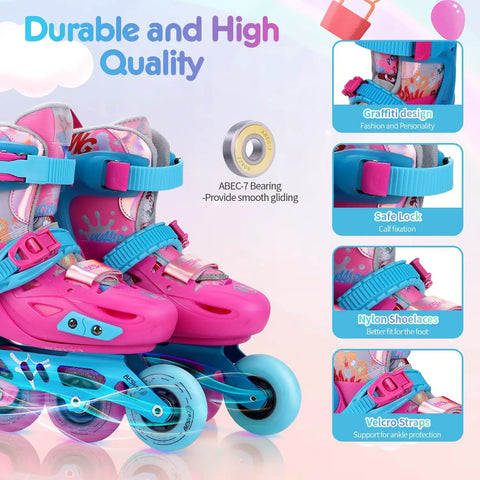 Five Size Adjustable Inline Skates For Kids That Grow With Them, pink with lightweight build and simple locking buckles