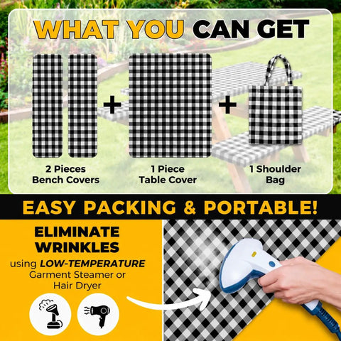 What You Can Get - Waterproof Fitted Picnic Table Cover Set For Six Foot Tables With Elastic Edges Includes Bench Covers 72 By 30 Inch