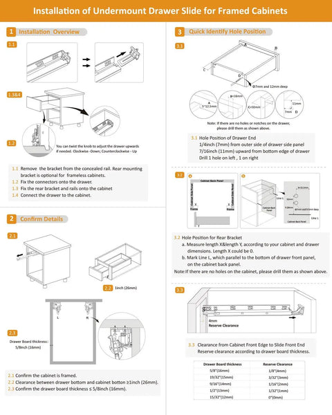 Installation guide for Smooth As Butter Ride Undermount Drawer Slides Soft Close Full Extension Glides 21 Inch in framed cabinets.