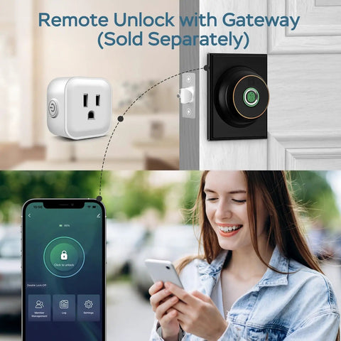 Smart Fingerprint Deadbolt With App Bluetooth For Front Door Keyless Entry Lock shown with remote unlock feature and app use