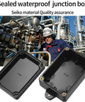 Rugged Outdoor Electrical Junction Box 4 Pack, IP65 Waterproof ABS Plastic Case for Electronics, shown with industrial background.