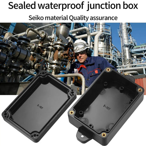 Rugged Outdoor Electrical Junction Box 4 Pack, IP65 Waterproof ABS Plastic Case for Electronics, shown with industrial background.