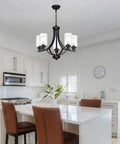 5 Lights Traditional Chandelier Black Farmhouse Pendant Ceiling Light Fixture with Seeded Glass Shades in modern kitchen