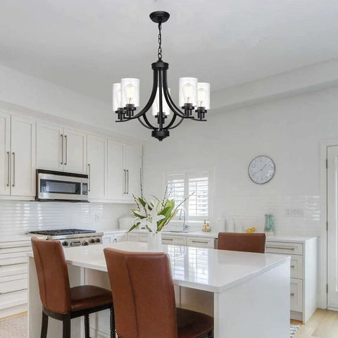 5 Lights Traditional Chandelier Black Farmhouse Pendant Ceiling Light Fixture with Seeded Glass Shades in modern kitchen