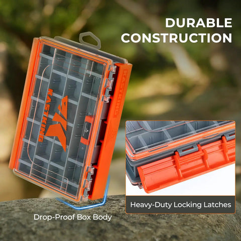 HyperSeal 3500 Double Sided Waterproof Fishing Tackle Box with clear lid and orange edges, featuring locking latches.