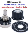 Two Pack 20K Potentiometers RV24YN20S Rotary Single Turn Carbon Film Taper Potentiometer For Inverter Speed Control And Motor Regulation Includes A03 Knobs And Dials B203 20K Ohm, showing potentiometer with knob and dial