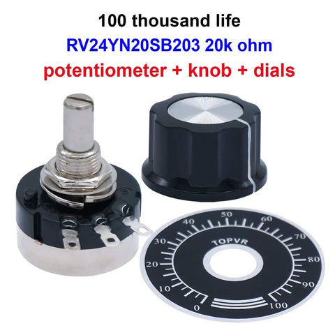 Two Pack 20K Potentiometers RV24YN20S Rotary Single Turn Carbon Film Taper Potentiometer For Inverter Speed Control And Motor Regulation Includes A03 Knobs And Dials B203 20K Ohm, showing potentiometer with knob and dial