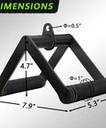 Must Have Double D Row Handle Cable Attachment And V Bar For Lat Pulldown And Tricep Press, Heavy Duty Steel With Non Slip Rubber Grips For Secure, Comfortable Gym And Home Workouts. black steel Double D row handle with rubber grips, dimensions shown