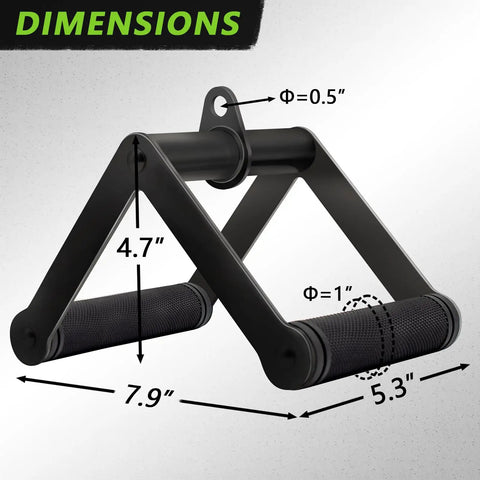 Must Have Double D Row Handle Cable Attachment And V Bar For Lat Pulldown And Tricep Press, Heavy Duty Steel With Non Slip Rubber Grips For Secure, Comfortable Gym And Home Workouts. black steel Double D row handle with rubber grips, dimensions shown
