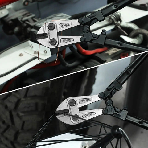 18 Inch Heavy Duty Bolt Cutter with Chrome Molybdenum Steel Jaws in use cutting metal wire in workshop setting