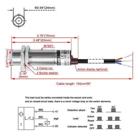 No Nonsense M18 Shielded Capacitive Proximity Sensor Switch LJC18A3-5-Z/AY 5mm Detection 10 30V DC 200mA Output PNP Normally Closed 3 Wire Blue Housing Dielectric Object Sensor For Easy Mounting, side view with wiring and dimensions