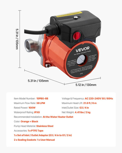 Instant Hot Water Recirculating Pump System, 10 GPM Flow, 3-Speed Control, 0.13 HP, 110-120V, Stainless Steel Head