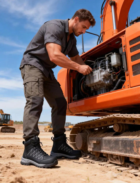 Man in Steel Toe Work Boots For Men Waterproof Non Slip Industrial Construction Shoes Black Built For The Job Tough As Nails Outdoor Safety Footwear With Water Repellent Upper And Rugged Wear Resistant Patch For Long Lasting Protection next to excavator