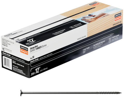 Box of Strong-Drive Timber Screws 0.220 Inch By 12 Inch, E-Coated Black, low profile head, pack of 50, with one screw shown