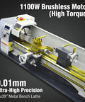 Badass 8X39 Inch Metal Bench Lathe With 1100W Brushless Motor, showcasing high precision components for heavy duty threading.