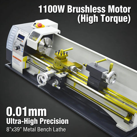 Badass 8X39 Inch Metal Bench Lathe With 1100W Brushless Motor, showcasing high precision components for heavy duty threading.