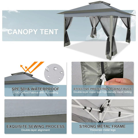 12x12 Ft Pop Up Gazebo With Netting, Easy One Person Setup No Tools Needed In Minutes, 3 Height Settings, Portable Carry Bag