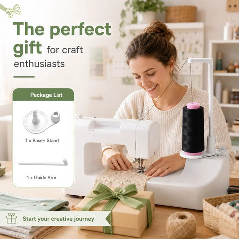 Heavy Duty Thread Spool Stand For Sewing Machines And Sweet White Cone Holder With Massive Capacity in use during sewing.