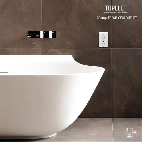 Modern bathroom with 20 Amp GFCI Outlet 125 Volt Tamper Resistant Weather Resistant Receptacle With LED Indicator Lights.