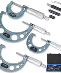 Outside Micrometer Set 0 To 4 Inches Pro Grade Machinist Tool Kit With Carbide Tipped Measuring Heads displayed with case
