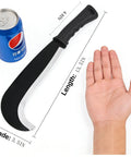Compact 13.5 Inch Machete Sickle Tool With Curved Blade next to soda can and hand for size comparison