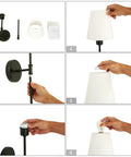 Image showing assembly steps for KSANA Modern Black Wall Scone Lighting Indoor with White Fabric Shade, including parts.