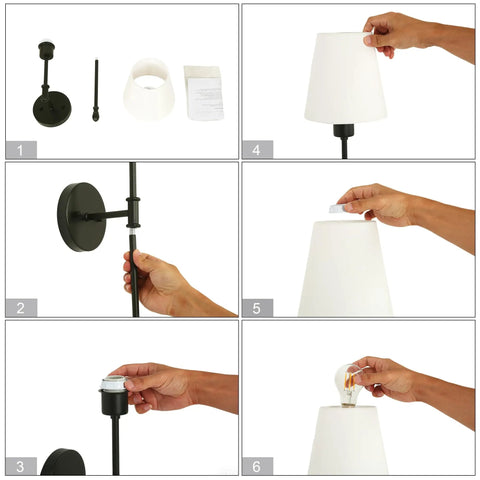 Image showing assembly steps for KSANA Modern Black Wall Scone Lighting Indoor with White Fabric Shade, including parts.