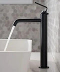 Side view of set of two matte black vessel sink faucets with pop up drain single handle rust resistant finish spot free stainless.